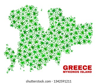 Vector marijuana Mykonos Island map collage. Concept with green weed leaves for hemp legalize campaign. Vector Mykonos Island map is created with cannabis leaves.