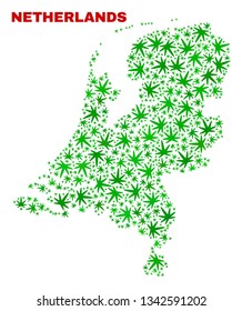 Vector marijuana Netherlands map mosaic. Concept with green weed leaves for marijuana legalize campaign. Vector Netherlands map is composed with weed leaves.