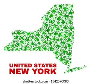 Vector marijuana New York State map mosaic. Concept with green weed leaves for weed legalize campaign. Vector New York State map is constructed of weed leaves.