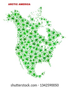 Vector marijuana North America v2 map mosaic. Template with green weed leaves for marijuana legalize campaign. Vector North America v2 map is constructed with weed leaves.