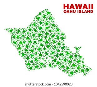 Vector marijuana Oahu Island map collage. Template with green weed leaves for marijuana legalize campaign. Vector Oahu Island map is created of marijuana leaves.