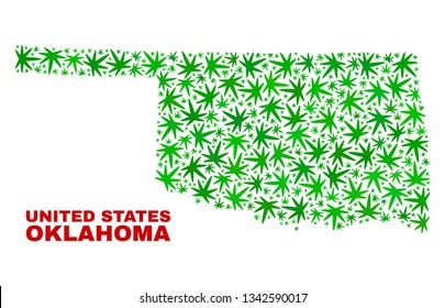 Vector marijuana Oklahoma State map mosaic. Template with green weed leaves for marijuana legalize campaign. Vector Oklahoma State map is constructed from marijuana leaves.