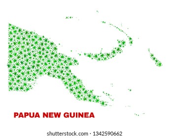 Vector marijuana Papua New Guinea map collage. Concept with green weed leaves for weed legalize campaign. Vector Papua New Guinea map is designed of marijuana leaves.