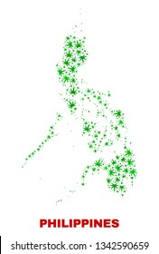 Vector marijuana Philippines map mosaic. Template with green weed leaves for marijuana legalize campaign. Vector Philippines map is designed from marijuana leaves.