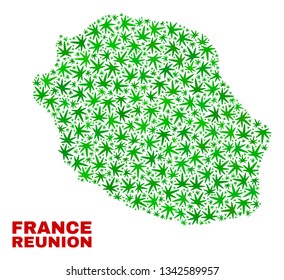 Vector marijuana Reunion Island map collage. Template with green weed leaves for weed legalize campaign. Vector Reunion Island map is composed with marijuana leaves.