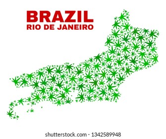 Vector marijuana Rio de Janeiro State map mosaic. Template with green weed leaves for marijuana legalize campaign. Vector Rio de Janeiro State map is designed from weed leaves.