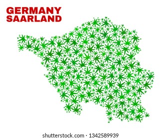 Vector marijuana Saarland Land map collage. Concept with green weed leaves for marijuana legalize campaign. Vector Saarland Land map is constructed with weed leaves.