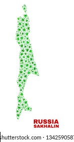 Vector marijuana Sakhalin Island map mosaic. Concept with green weed leaves for weed legalize campaign. Vector Sakhalin Island map is constructed with weed leaves.