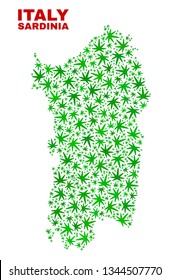 Vector marijuana Sardinia map mosaic. Template with green weed leaves for marijuana legalize campaign. Vector Sardinia map is formed with marijuana leaves.