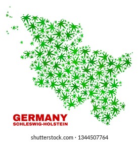 Vector marijuana Schleswig-Holstein Land map mosaic. Template with green weed leaves for weed legalize campaign. Vector Schleswig-Holstein Land map is composed with weed leaves.
