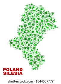 Vector marijuana Silesian Voivodeship map mosaic. Template with green weed leaves for marijuana legalize campaign. Vector Silesian Voivodeship map is designed from marijuana leaves.
