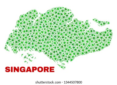 Vector marijuana Singapore map mosaic. Template with green weed leaves for marijuana legalize campaign. Vector Singapore map is created with weed leaves.
