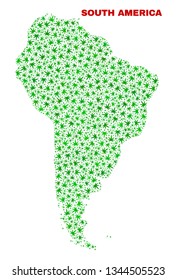 Vector marijuana South America map mosaic. Concept with green weed leaves for marijuana legalize campaign. Vector South America map is composed from marijuana leaves.