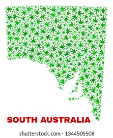Vector marijuana South Australia map collage. Concept with green weed leaves for cannabis legalize campaign. Vector South Australia map is organized with cannabis leaves.