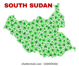 Vector marijuana South Sudan map collage. Concept with green weed leaves for marijuana legalize campaign. Vector South Sudan map is designed with weed leaves.