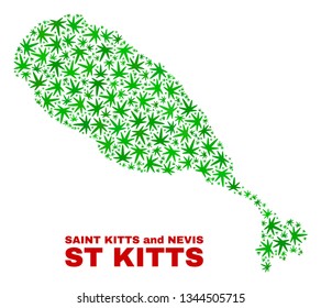 Vector marijuana St Kitts Island map mosaic. Template with green weed leaves for marijuana legalize campaign. Vector St Kitts Island map is composed from marijuana leaves.