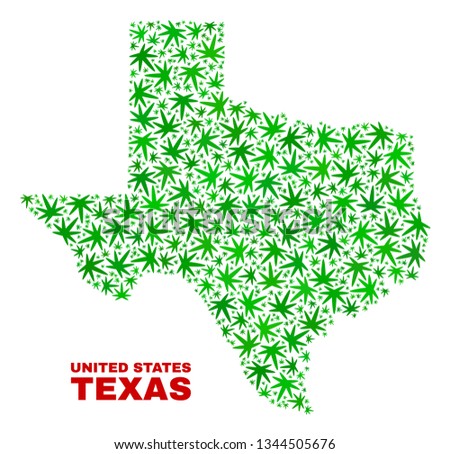 Vector marijuana Texas State map collage. Template with green weed leaves for weed legalize campaign. Vector Texas State map is composed of weed leaves.