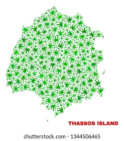 Vector marijuana Thassos Island map collage. Concept with green weed leaves for marijuana legalize campaign. Vector Thassos Island map is formed with marijuana leaves.
