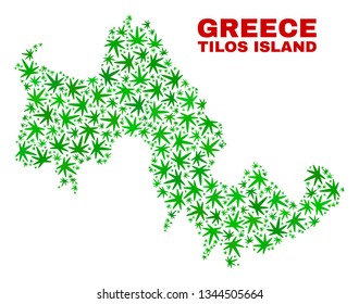 Vector marijuana Tilos Island map collage. Template with green weed leaves for weed legalize campaign. Vector Tilos Island map is organized with weed leaves.