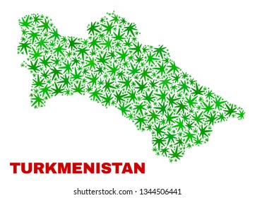 Vector marijuana Turkmenistan map collage. Concept with green weed leaves for marijuana legalize campaign. Vector Turkmenistan map is composed with weed leaves.