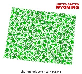 Vector marijuana Wyoming State map collage. Concept with green weed leaves for weed legalize campaign. Vector Wyoming State map is designed of weed leaves.
