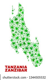 Vector marijuana Zanzibar Island map collage. Concept with green weed leaves for weed legalize campaign. Vector Zanzibar Island map is constructed of marijuana leaves.