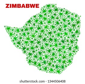 Vector marijuana Zimbabwe map mosaic. Concept with green weed leaves for marijuana legalize campaign. Vector Zimbabwe map is constructed from marijuana leaves.