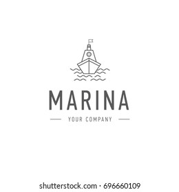 Vector marina, steering wheel logo template, abstract business icon. Ship and waves. Steamboat. Sailboat. Fishing