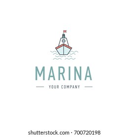 Vector marina, steering wheel logo template, abstract business icon. Ship and waves. Steamboat. Sailboat. Fishing