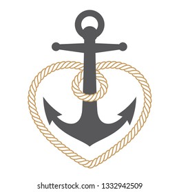 Vector marine anchor with rope heart.