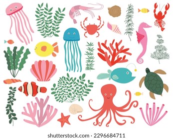 Vector marine animals and plants flat style set. Different fish, shells and seaweeds under the sea set.