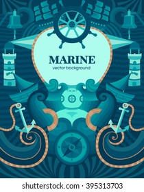 Vector marine background with anchor, wheel, diver, lighthouse, ship, compass.
Decorative vector background for cards, invitations, banners, web pages. Illustration in a nautical style. Sea texture.