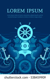 Vector marine background with anchor, wheel, diver, lighthouse, ship, compass.
Decorative template for cards, invitations, banners, covers, web pages. Illustration in a nautical style.