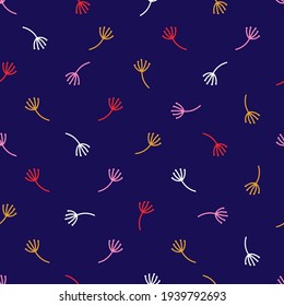 Vector marine blue with multicolored dandelions seamless pattern background. This timeless pattern looks great on fabric, giftwrap or other forms of packaging. Perfect for that luxurious feeling. 