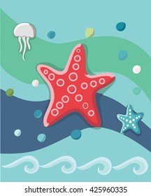 Vector marine card with illustration of red starfish and waves