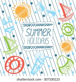 Vector marine card with summer beach elements: swimsuit, sunglasses, rubber ring, beach bag, shake and sun. Bright marker cartoon sea art.