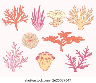 Clipart marino Vector. Elementos costeros colección de coloridos corales dibujados a mano en tonos pastel suaves aislados sobre fondo claro para proyectos náuticos, empaques, invitaciones, decoración de playas, etc.