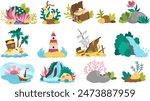 Vector marine composition set with ship, treasure chest, deserted island, lighthouse. Mermaid, pirate or sea adventure concepts collection. Ocean or underwater landscape clipart elements
