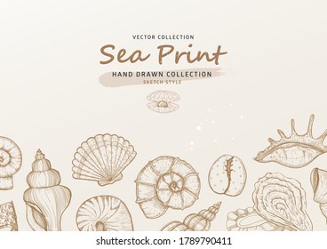 Vector marine design with horizontal frame border of various mollusk, seashells different forms. Summer tropical background with seashells and mussels in sketch style. Sea nature theme invitation card