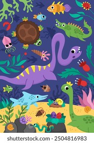 Vector marine dinosaur landscape illustration. Cute prehistoric aquatic scenery with ancient water animals, seaweeds. Funny ocean scene with Mosasaurus, Elasmosaurus, Ichthyosaur
