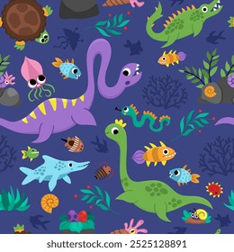 Vector marino dinosaurio patrón sin fisuras con plesiosaurio. Lindo fondo de repita animal prehistórico con elasmosaurio, mosasaurio, ictiosaurio. Océano, mar o agua dino papel digital para niños