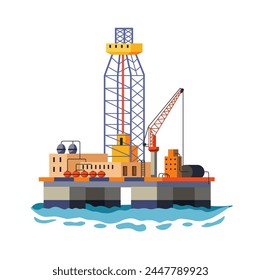 Vector de la plataforma de perforación marina, mostrando operaciones industriales de petróleo y gas.