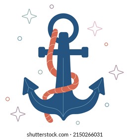 Vector marine flat colorful illustration isolated on white. Cute cartoon anchor with red rope. svg