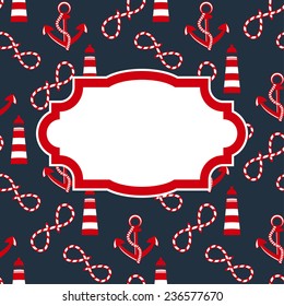 Vector marine frame on seamless pattern with sea elements: lighthouse, anchor, rope. Can be used for wallpapers, web page backgrounds, greeting card, textile and more.