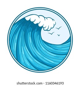 Vector marine icon design. Big colorful ocean wave and seagulls with outline and circle frame.