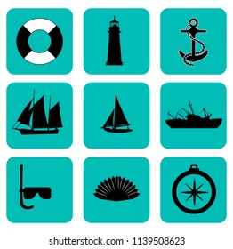 vector marine icon set. seashell, compas, ships, anchor, diving mask and lighthouse