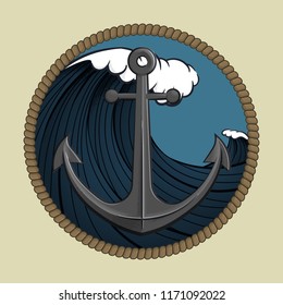 Vector marine icon, sign, label design.Colorful anchor and dark wave with circular rope frame.