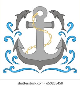 Vector marine illustration. Emblem with anchor, chain, dolphin , sea waves. 