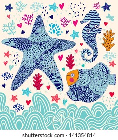 Vector marine illustration with fish, sea star and seahorse. Underwater life. Holiday card