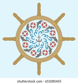 Vector marine illustration. The helm with the dolphins , buoys, sea waves and anchor.